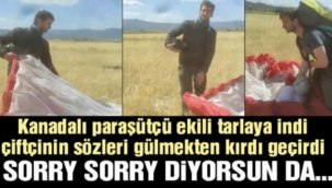 Kanadalı paraşütçü ekili tarlaya indi, çiftçinin sözleri keyifli anlar yaşattı