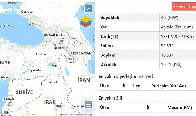 Erzurum'da 3.9 büyüklüğünde deprem
