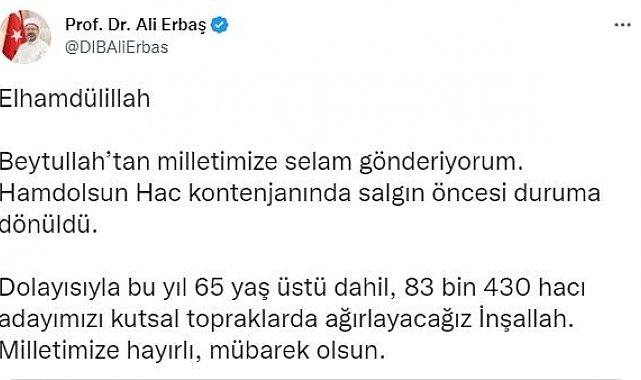 Diyanet İşleri Erbaş: "65 yaş üstü dahil, 83 bin 430 hacı adayımızı kutsal topraklarda ağırlayacağız"
