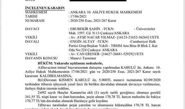 RTÜK Başkanı Şahin, Engin Altay'a açtığı hakaret davasını kazandı