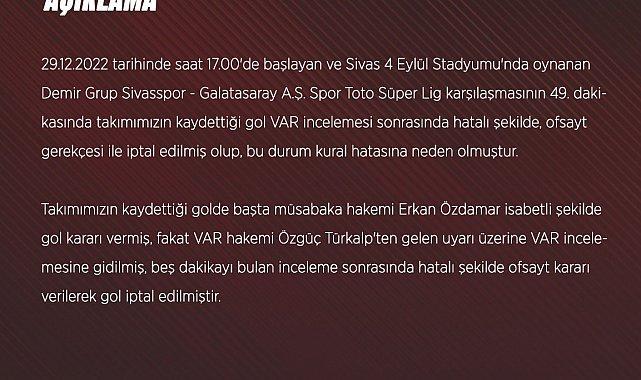 Sivasspor, Galatasaray maçının tekrarı için TFF'ye başvurdu