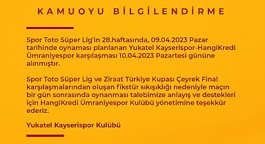 Kayserispor - Ümraniyespor maçı Pazartesi'ne alındı