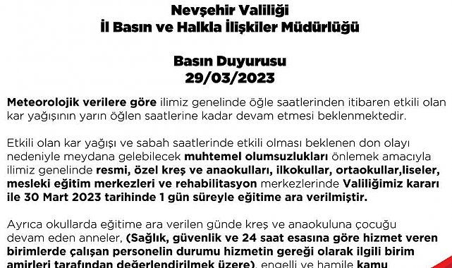 Nevşehir'de eğitime kar engeli
