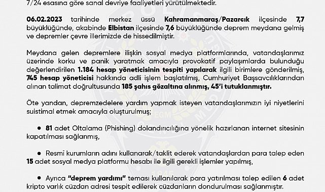 Sosyal medyada depreme ilişkin provokatif paylaşımlarda bulunan 45 kişi tutuklandı
