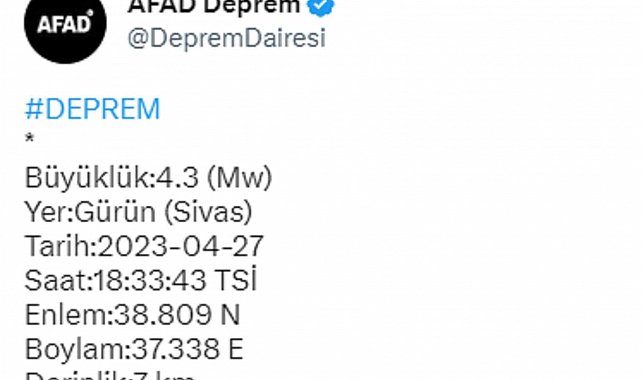 Sivas'ta 4,3 büyüklüğünde deprem