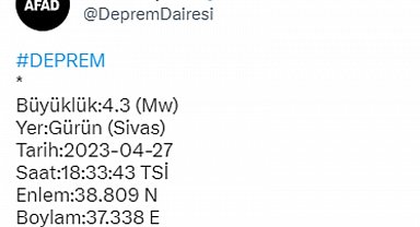 Sivas'ta 4,3 büyüklüğünde deprem