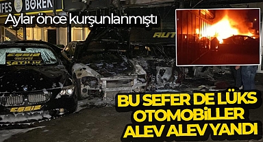 Aylar önce kurşunlanan oto galeride, bu sefer de lüks otomobiller alev alev yandı
