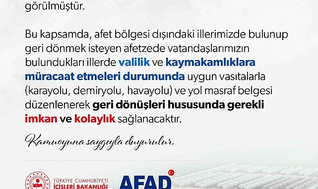 Kendi illerine dönmek isteyen depremzedelerin yol masrafı karşılanacak
