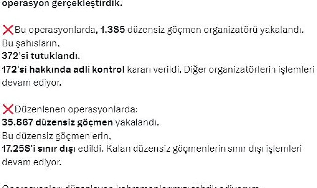 Bakan Yerlikaya: "Bin 385 düzensiz göçmen organizatörü yakalandı"