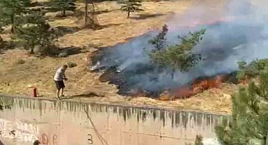 Çamlık arazide çıkan yangına ilk müdahaleyi vatandaş hortumla yaptı