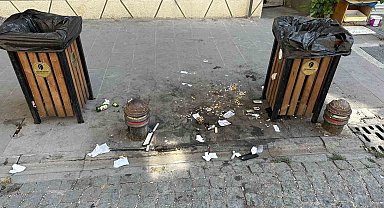 İki çöp kutusunun arasına atılan atıklar 'pes' dedirtti