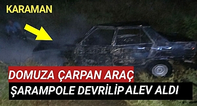 Karaman'da Domuza Çarpan Araç Şarampole Devrilip Alev Aldı