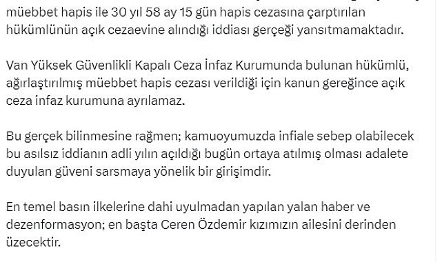 Bakan Tunç: "Ceren Özdemir'i vahşice öldüren ve müebbet hapisle cezalandırılan hükümlünün açık cezaevine alındığı iddiası gerçeği yansıtmamaktadır"