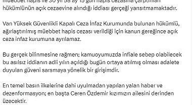 Bakan Tunç: "Ceren Özdemir'i vahşice öldüren ve müebbet hapisle cezalandırılan hükümlünün açık cezaevine alındığı iddiası gerçeği yansıtmamaktadır"