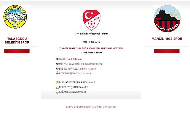 Talasgücü Belediyespor-Mardin 1969 Spor maçını Yakup Bakır yönetecek