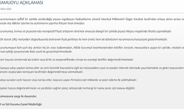 Et ve Süt Kurumu'ndan, CHP Milletvekili Karabat'a cevap