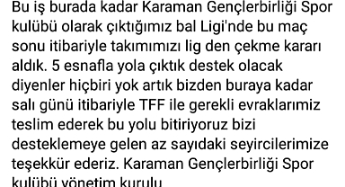 Karaman Gençlerbirliği Bal Liginden Çekiliyor