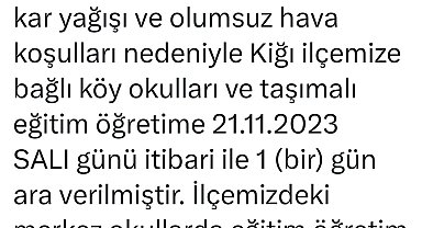 Yedisu'dan sonra Kiğı'da da taşımalı eğitime 1 gün ara verildi