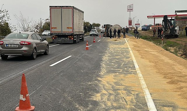 Manisa'da tır devrildi, yemler yola savruldu
