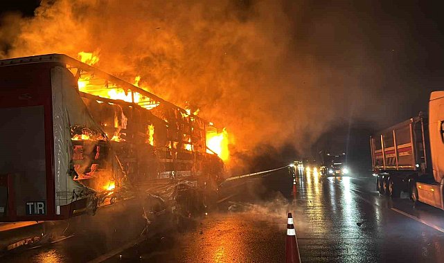 Otoyolda korkutan yangın: Pamuk yüklü tır alev alev yandı