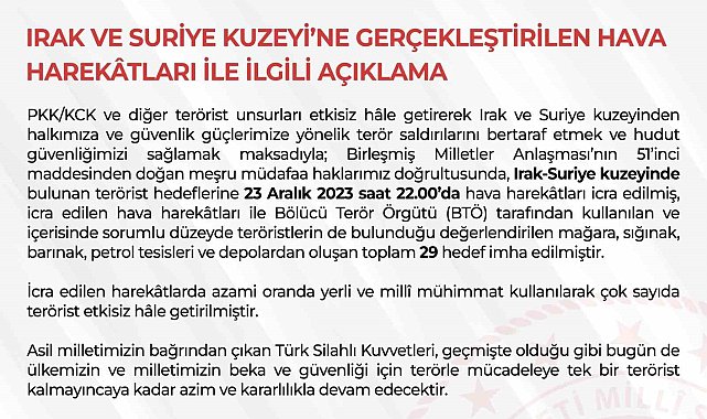 TSK bölücü terör örgütünün 29 hedefini imha etti