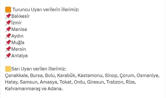 Bakan Yerlikaya'dan 7 il için turuncu, 18 il için sarı kodlu uyarı