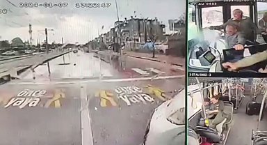 Halk otobüsüyle hafif ticari aracın çarpışma anı kamerada