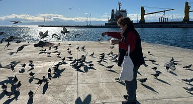 Her sabah sahildeki kuşları yemliyor