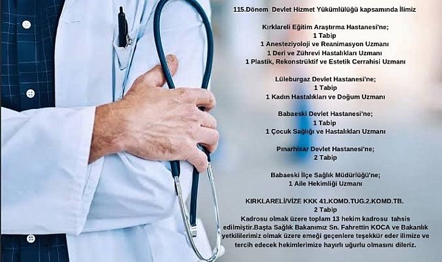 Kırklareli'ne 13 doktor kadrosu tahsis edildi