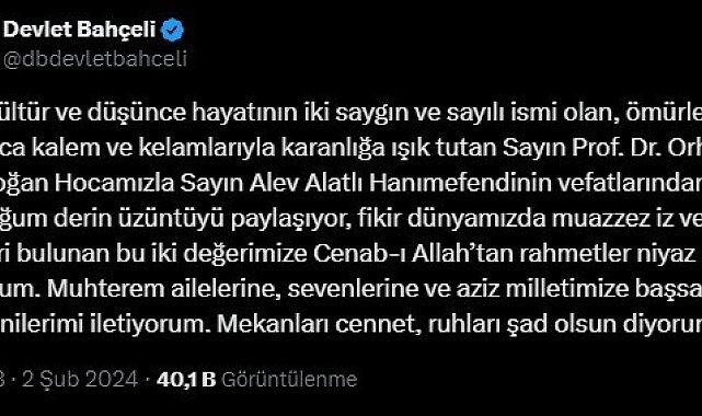 MHP lideri Bahçeli'den Alatlı ve Türkdoğan için başsağlığı mesajı