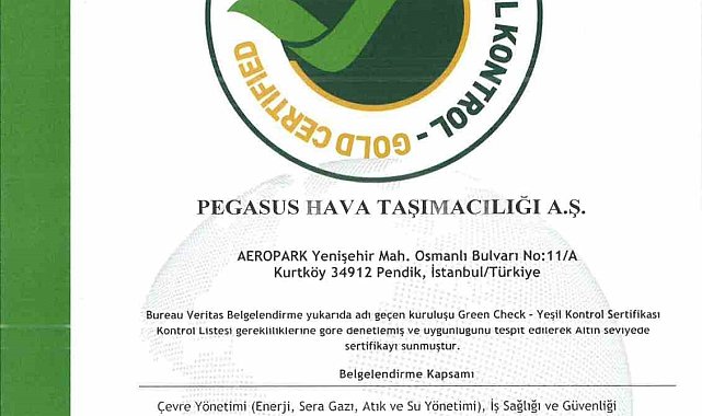 Pegasus, 'Green Check-Yeşil Kontrol Belgesi'ni alan ilk hava yolu şirketi olduğunu duyurdu
