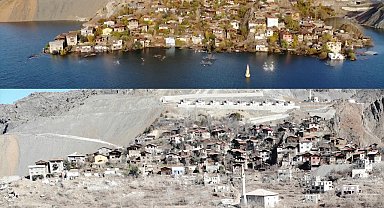 Yusufeli Barajı'nın yapılması ile sular altında kalan köy baraj suları çekilince yeniden ortaya çıktı