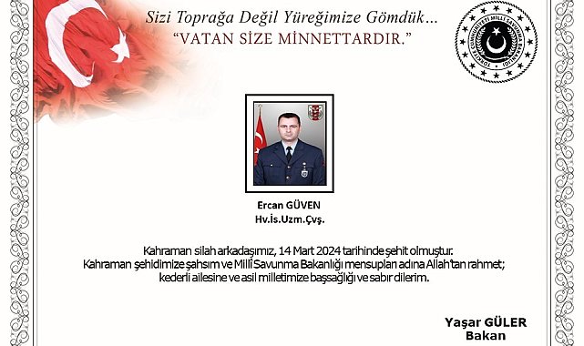 MSB'den Şehit Ercan Güven için başsağlığı mesajı