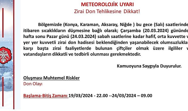 Niğde için "zirai don" uyarısı