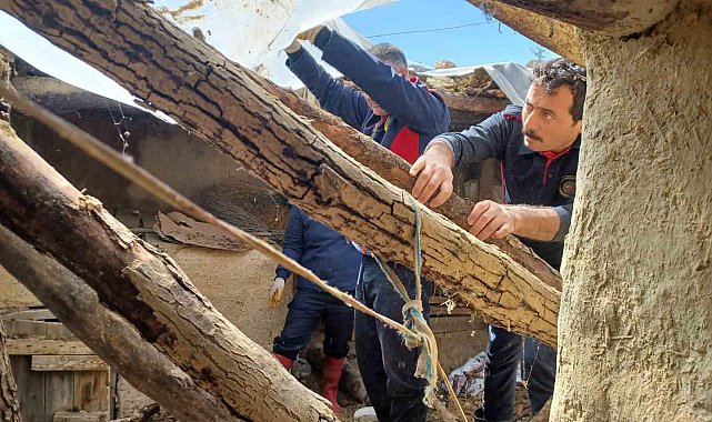 Yıkılan ahırda mahsur kalan inek kurtarıldı