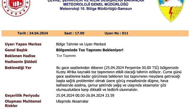 Kuzey Afrika tozları Samsun'a geliyor
