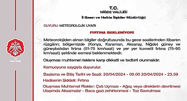 Niğde Valiliği'nden fırtına uyarısı