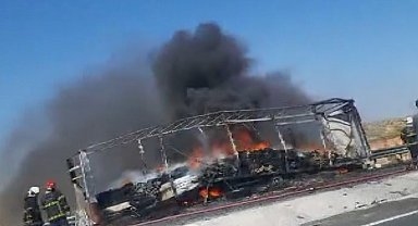 Seyir halindeki tırın dorsesi alev alev yandı
