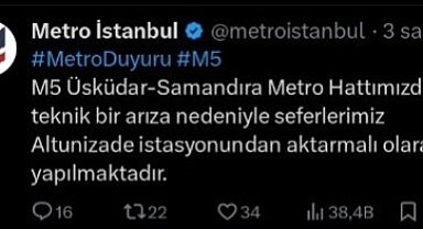 Üsküdar - Samandıra metro hattında arıza nedeniyle seferler durdu