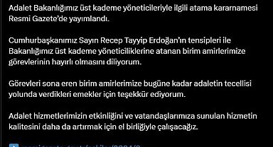 Adalet Bakanlığı üst kademe yöneticileriyle ilgili atama kararnamesi Resmi Gazete'de yayımlandı