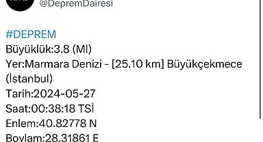 AFAD: Büyükçekmece'nin 25.10 kilometre açığında, Marmara Denizi'nde saat 00.38'de 3,8 büyüklüğünde deprem meydana geldi