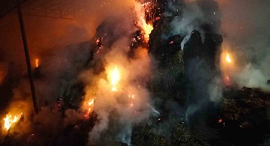 Çiftlikte çıkan yangında yaklaşık 100 ton saman küle döndü