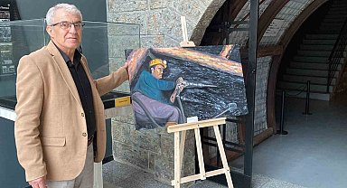 Emekli maden işçisi, Maden Müzesi'nde madencileri anlatan resimlerini sergiledi