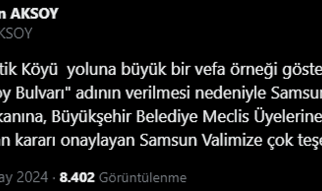 İsmi Samsun'da bulvara verilen Vali Aksoy'dan teşekkür mesajı
