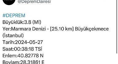 Marmara Denizi'nde 3,8 büyüklüğünde deprem
