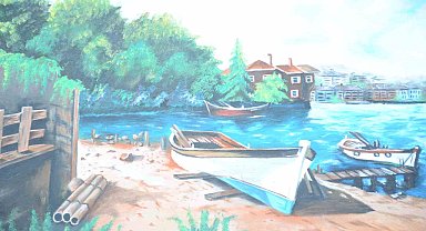 Ressam çift resimlerini köy meydanında sergiledi