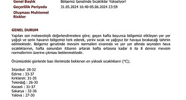 Sakarya Valiliği mevsim normalleri üzerine çıkacak hava sıcaklığına karşı uyardı