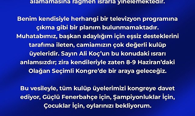 Aziz Yıldırım, Ali Koç'un televizyon programına çıkma teklifini reddetti