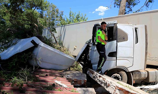 Kontrolden çıkan tır, çam ağacına ve depoya çarparak durabildi: 1 yaralı