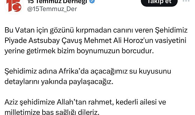 Şehit Astsubay Mehmet Ali Horoz'un vasiyeti yerine getirilecek